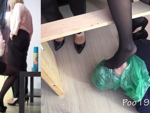 Kristina, Yana and Karina let the toilet slave sniff their feet before they take turns taking powerful shits in his mouth