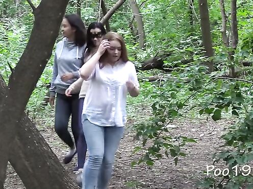 A man tried to hide in the woods from girls who wanted to take a shit, but the girls tracked him down and forced him to eat all the shit out of their asses